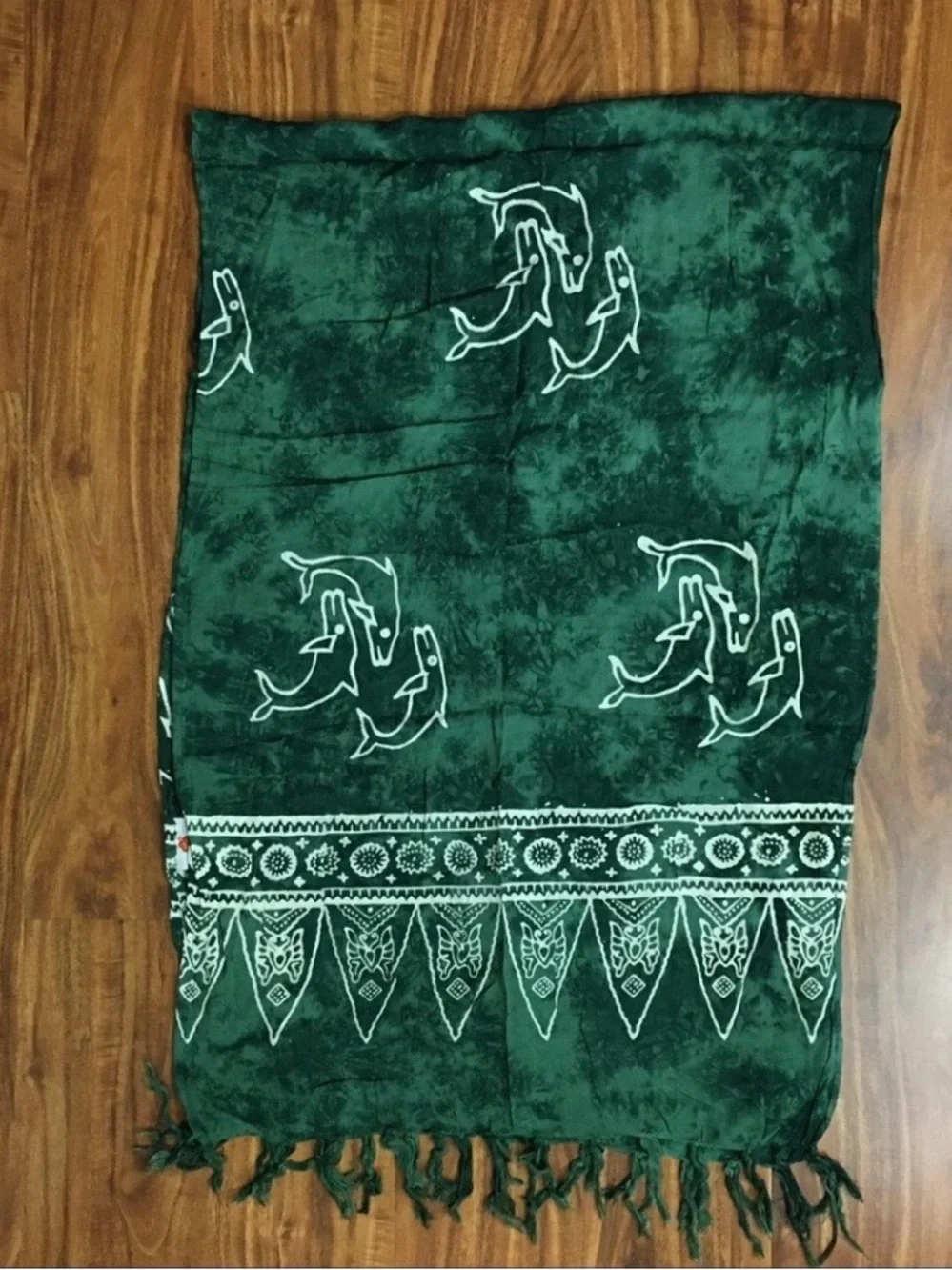 ISLA Girl Hawaii Green Tie Dye Dolphin Tribal Print Fringe Edge Long Scarf Boho